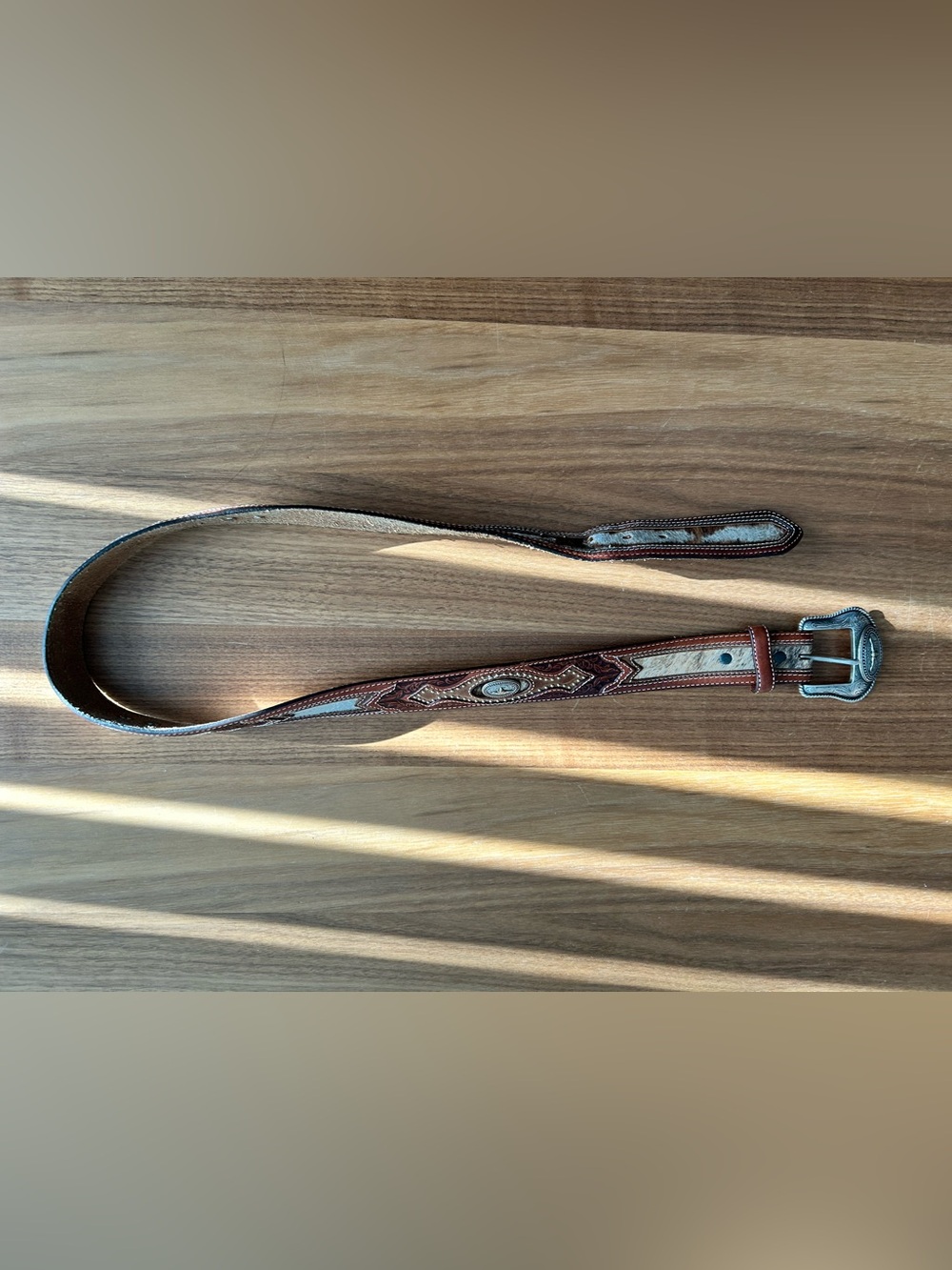 Tooled Leather Western Belt with Hair-On Hide Inlay